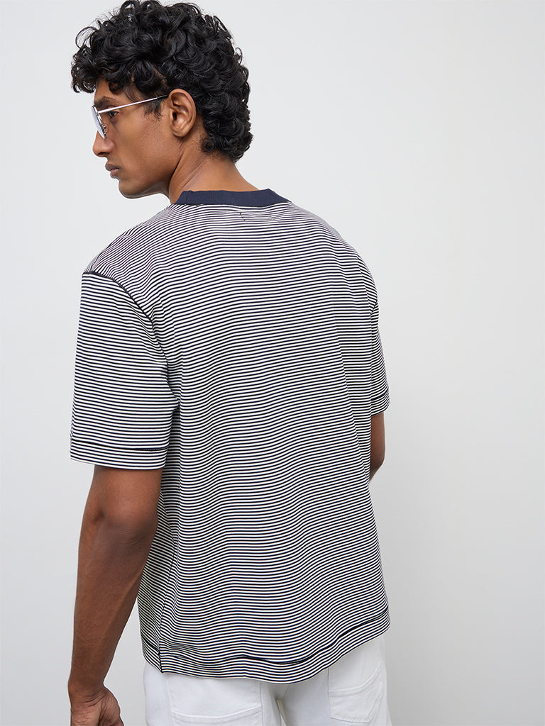 Ascot Navy Striped Relaxed-Fit Cotton T-Shirt