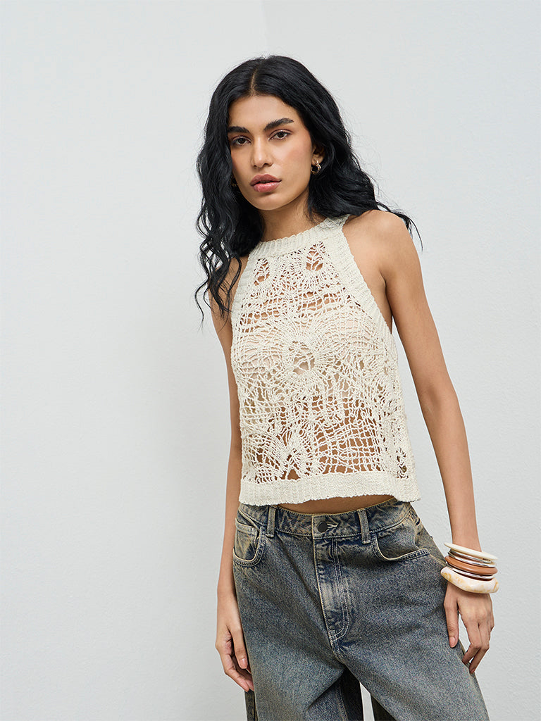 Buy Bombay Paisley Cream Crochet-Knit Top from Westside