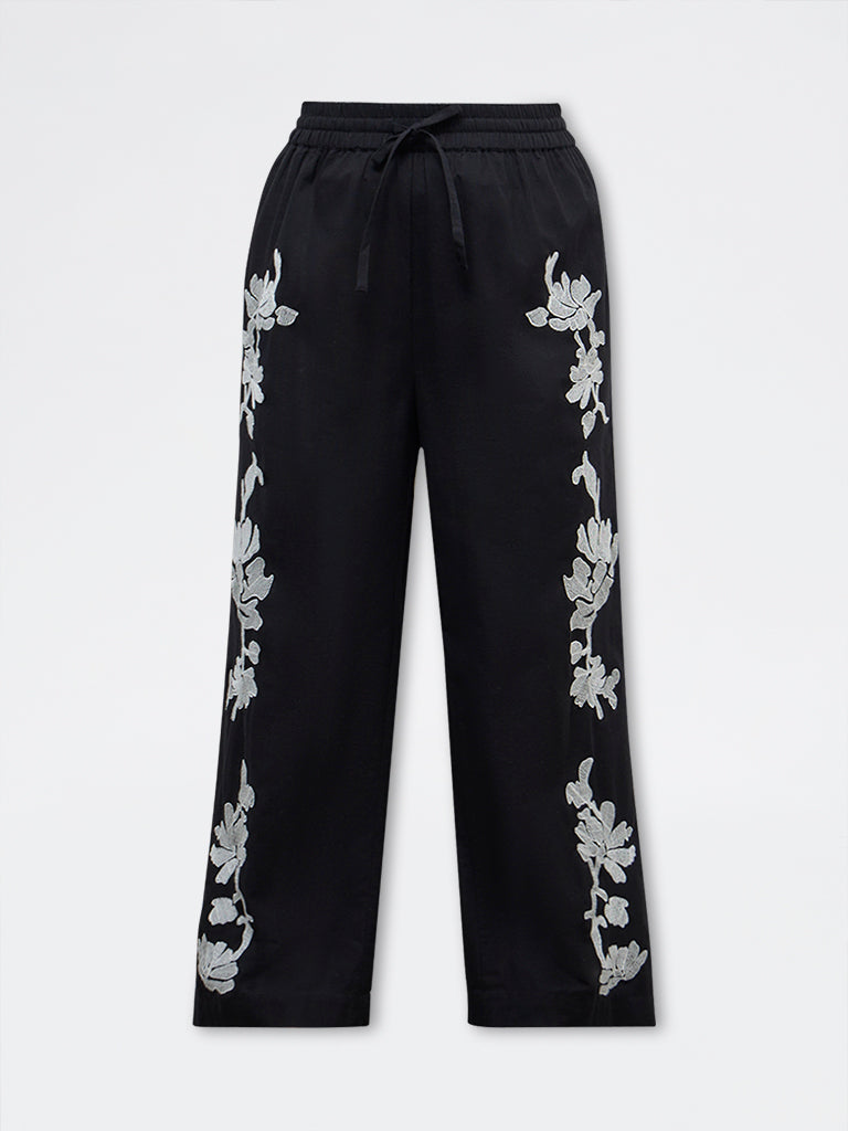 Diza Black Foliage Embroidered Pants