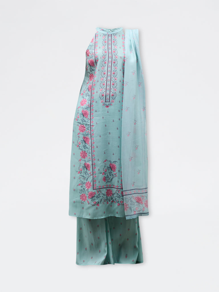 Vark Aqua Floral Design Cotton-Blend A-Line Ethnic Set