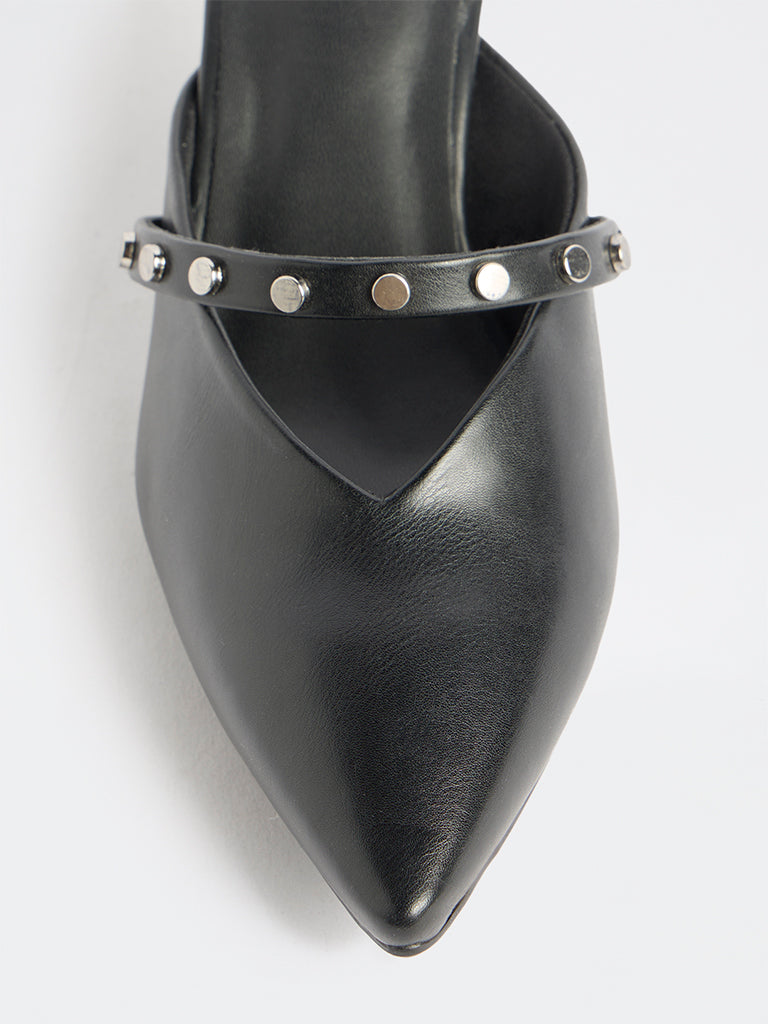 LUNA BLU Black Stud-Detailed Kitten-Heel Mules