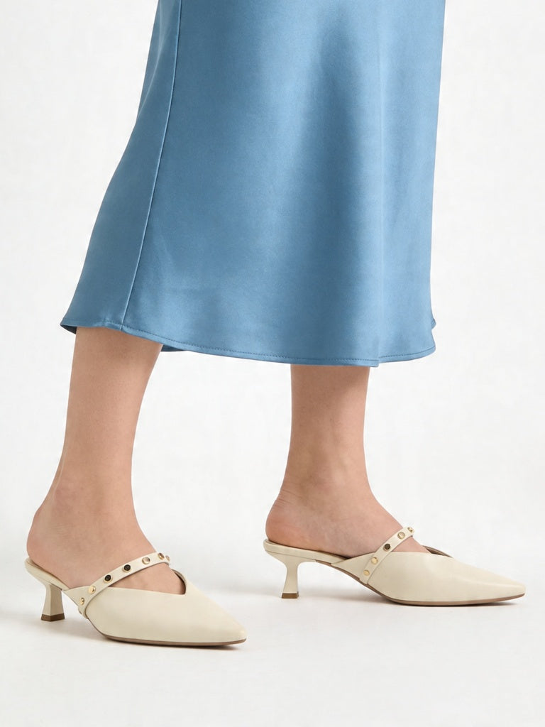 LUNA BLU Ivory Stud-Detailed Kitten-Heel Mules