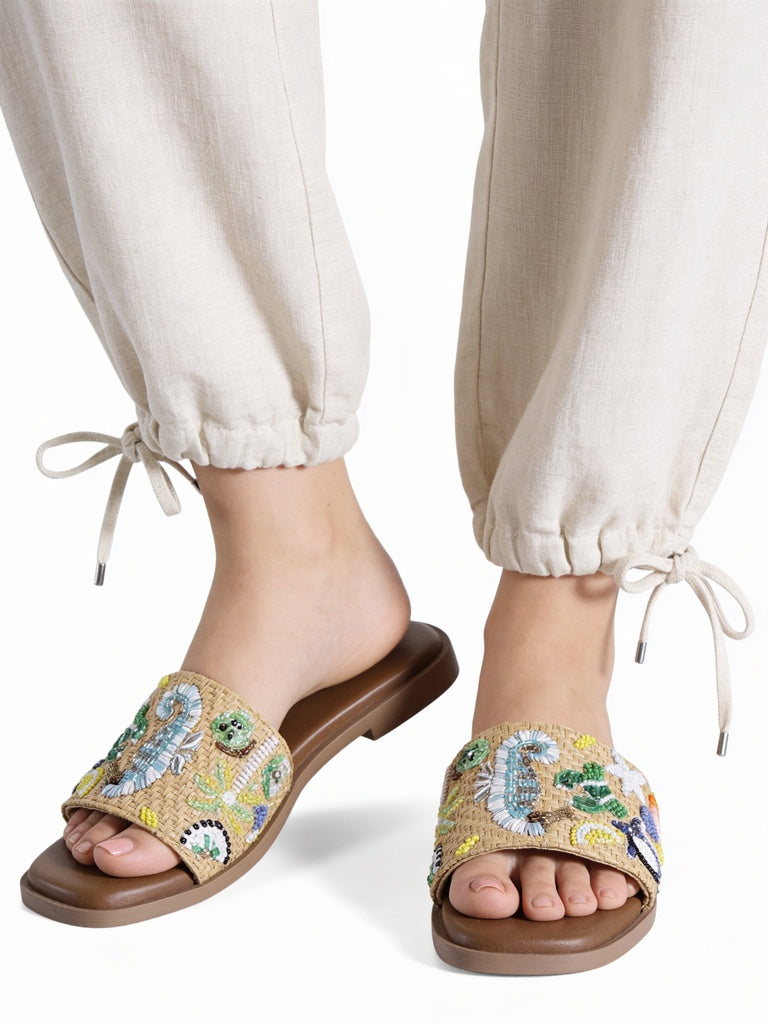 LUNA BLU Multi-Colored Embroidery Flat Sandals