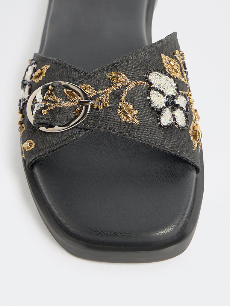 LUNA BLU Black Floral Embroidered Slides