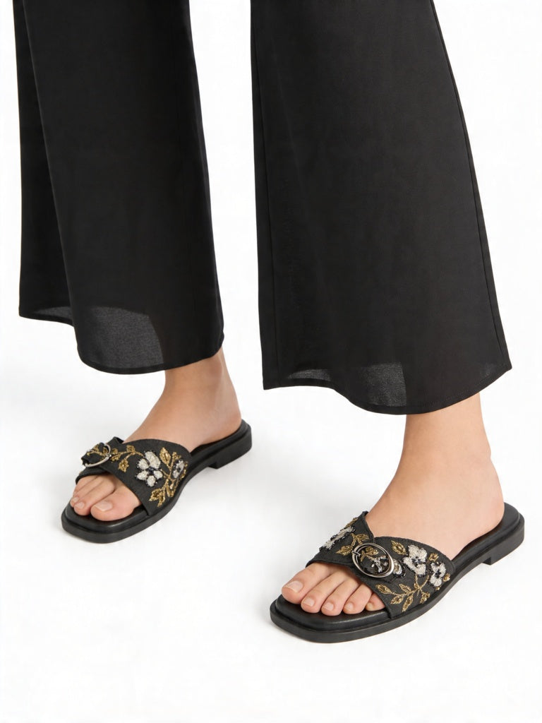 LUNA BLU Black Floral Embroidered Slides