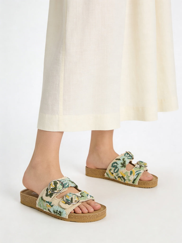LUNA BLU Green Embroidered Dual-Strap Sandals