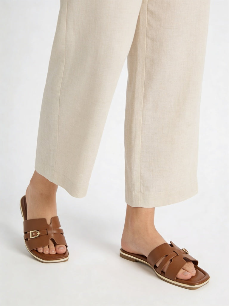 LUNA BLU Tan Buckle-Detailed Slides