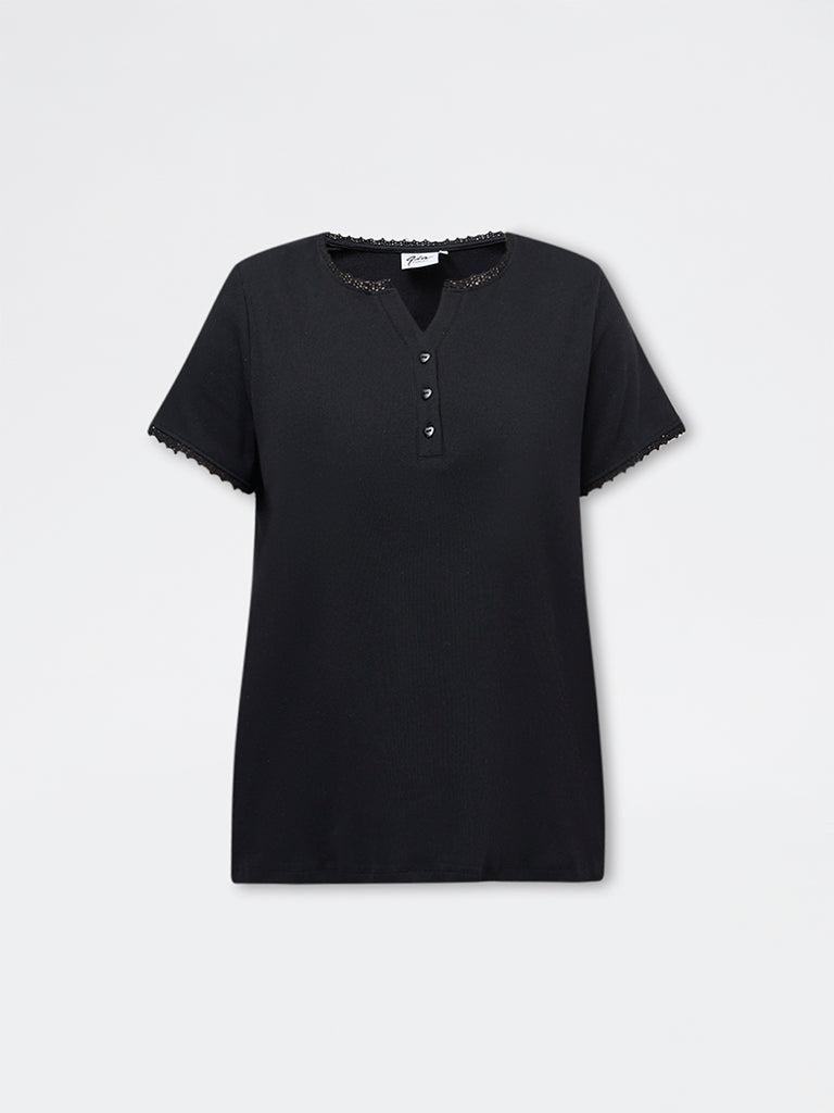 Gia Black Ribbed-Textured Cotton-Blend T-Shirt