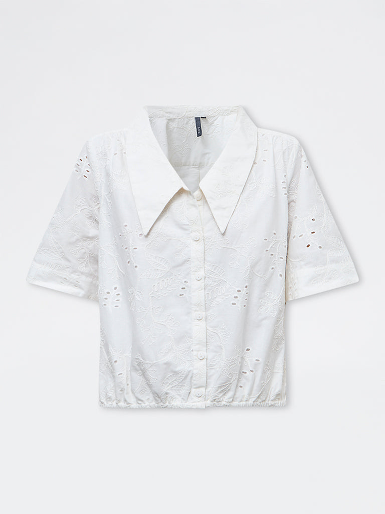 LOV White Schiffli Embroidered Cotton Shirt