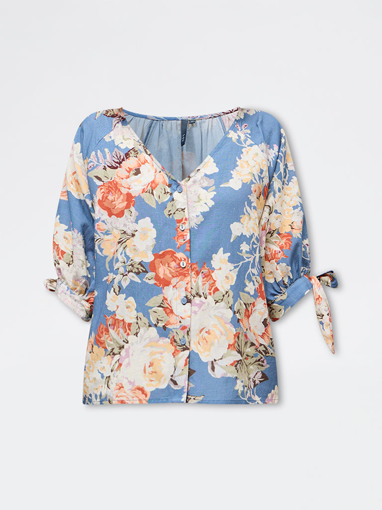 LOV Dusty Blue Floral Printed Blouse