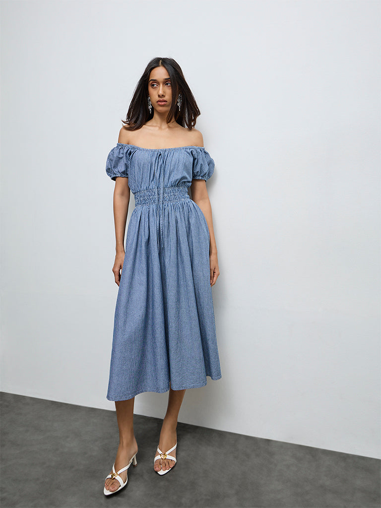 Buy LOV Blue Striped Off-Shoulder Dress from Westside Buy LOV Blue Striped Off-Shoulder Dress from Westside