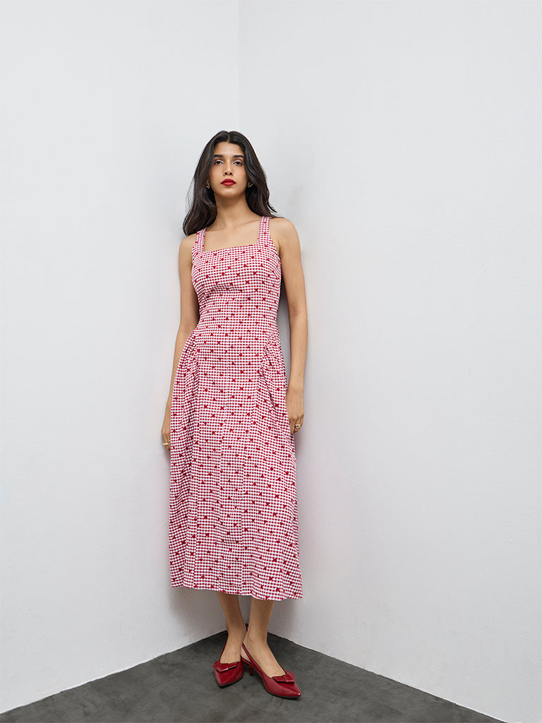 strapless open back dress Orchard Picnic Gingham Midi Dress