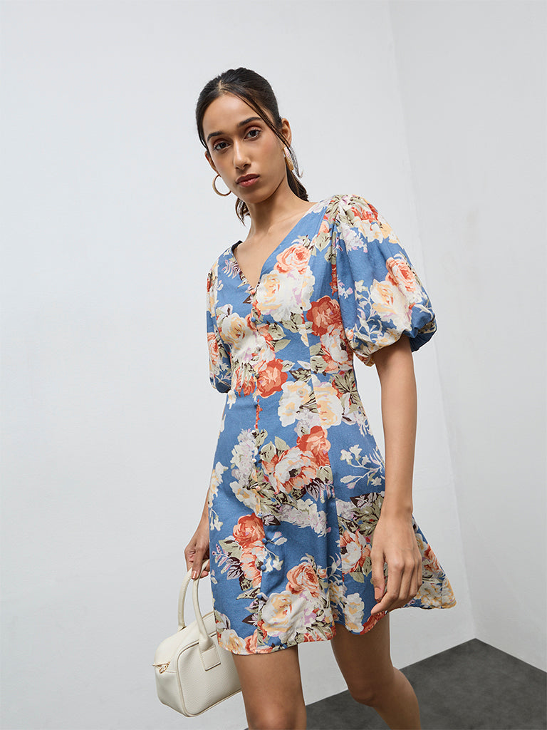 Buy LOV Dusty Blue Floral Pattern A-Line Dress from Westside