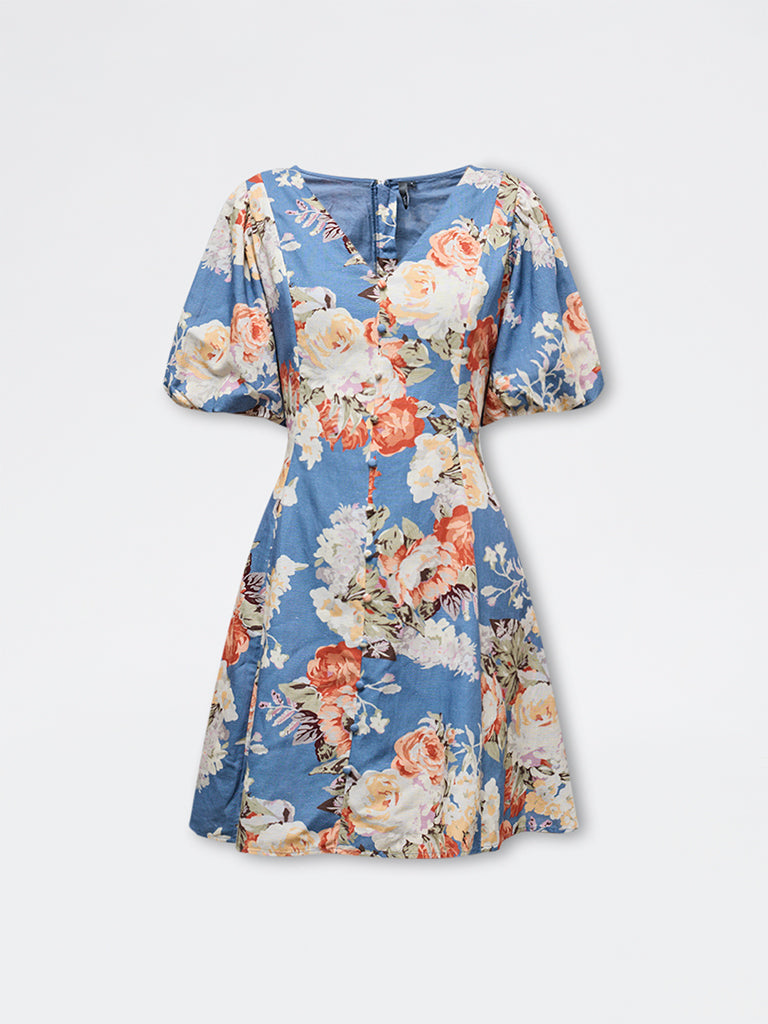 LOV Dusty Blue Floral Pattern A-Line Dress