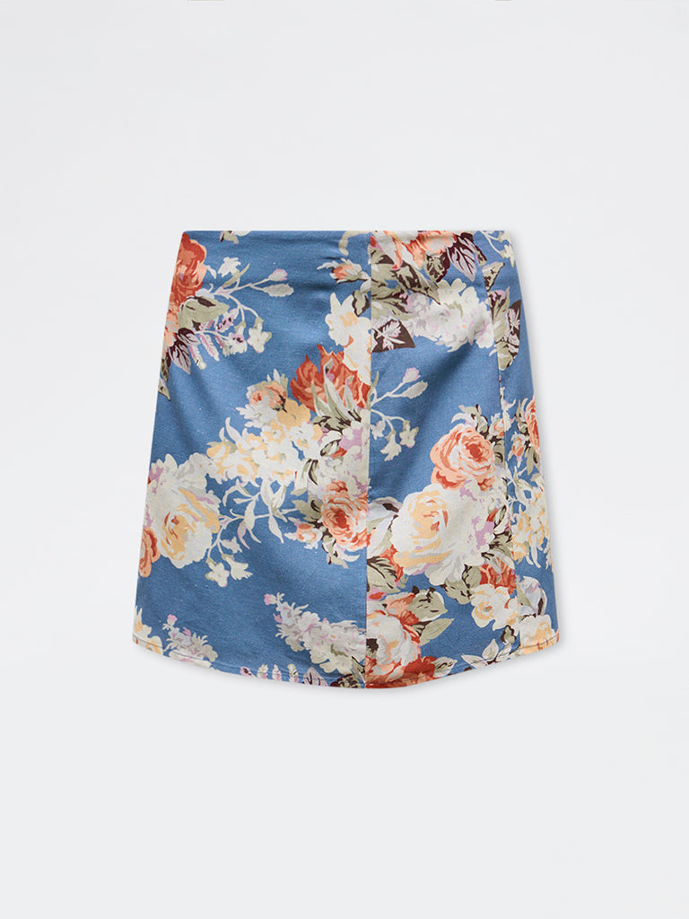 LOV Dusty Blue Floral Pattern High-Rise Skirt