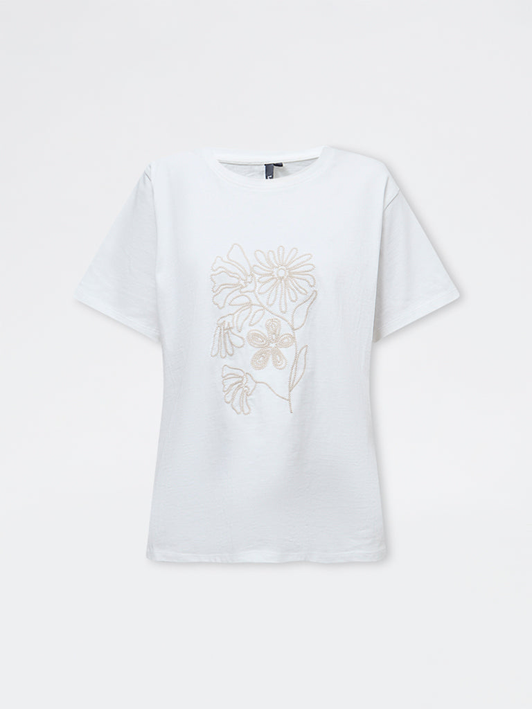 LOV White Floral Embroidered Cotton T-Shirt
