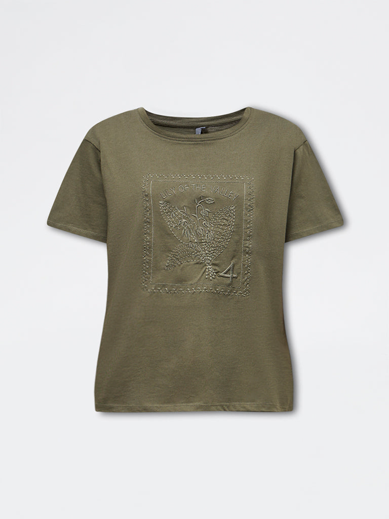 LOV Olive Floral Embroidered Cotton T-Shirt