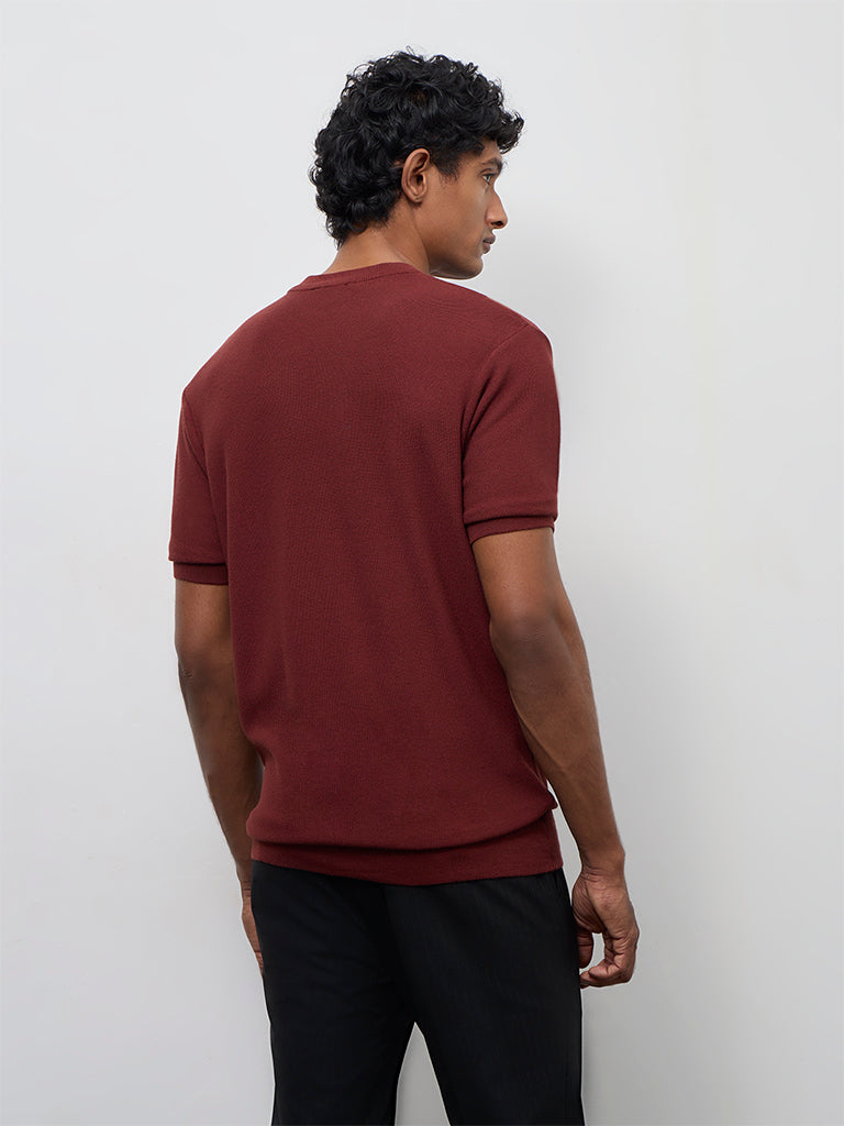 WES Formals Rust Knit-Textured Slim-Fit T-Shirt