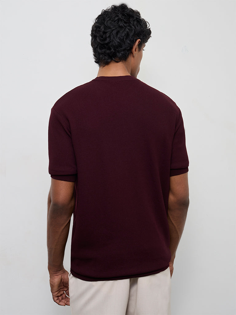 WES Formals Wine Knit-Textured Slim-Fit T-Shirt