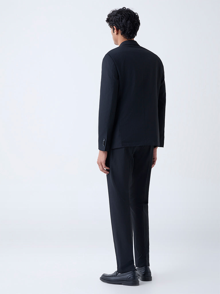 WES Formals Black Striped Slim-Fit Mid-Rise Trousers