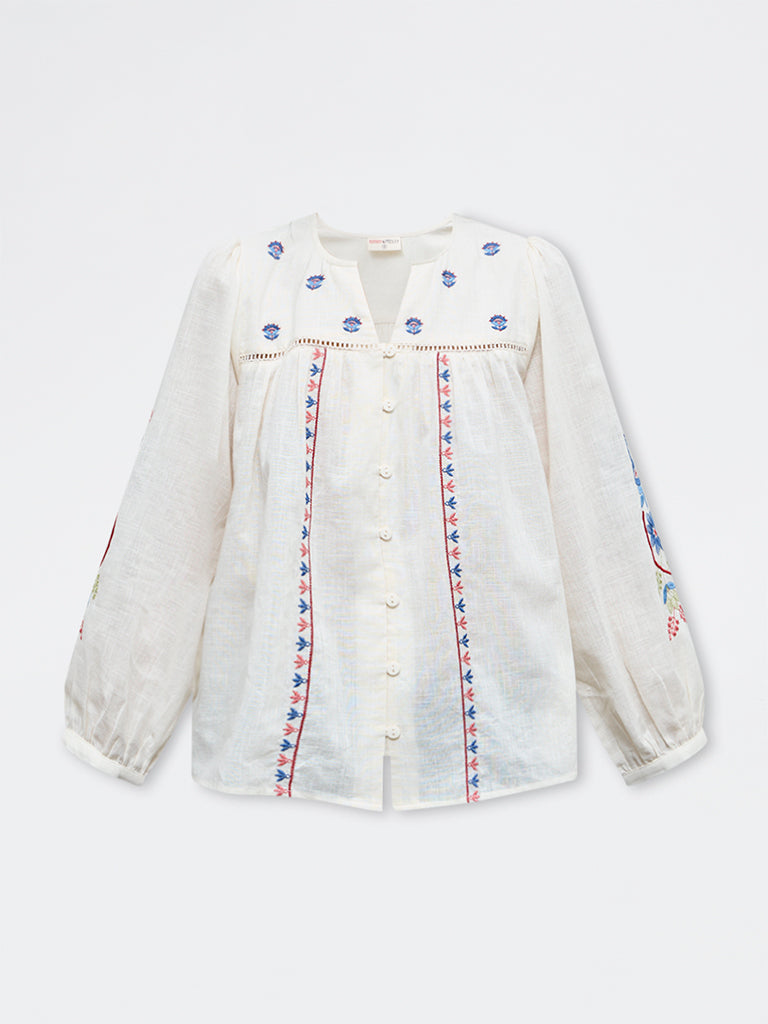 Bombay Paisley Off-White Floral Embroidered Cotton Blouse