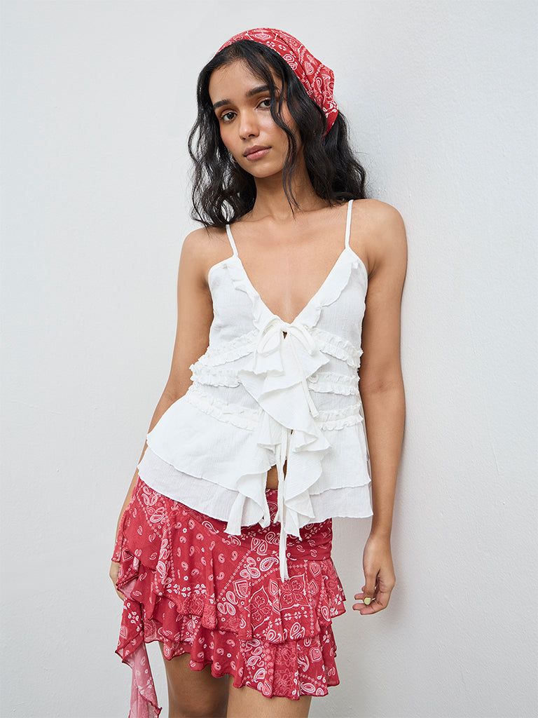 Buy Nuon White Ruffled Tie-Up Cotton Top from Westside