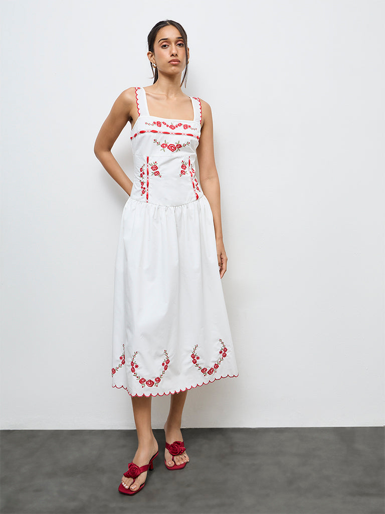 Buy LOV White Floral Embroidered Cotton A-Line Dress from Westside