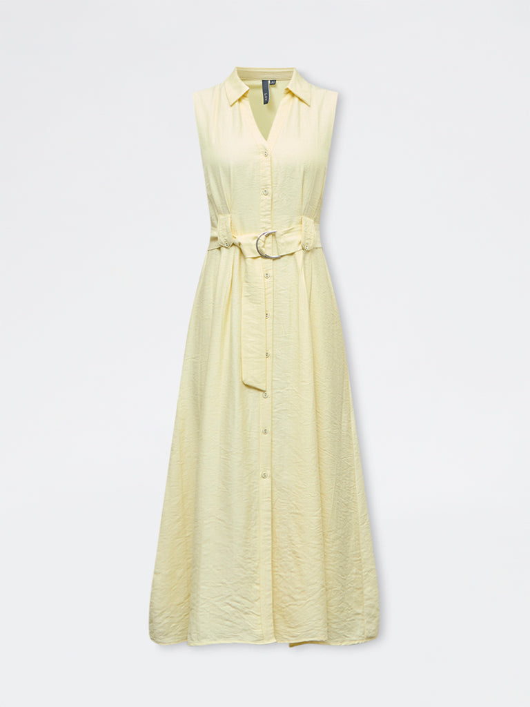 LOV Light Yellow Solid Shirt Dress