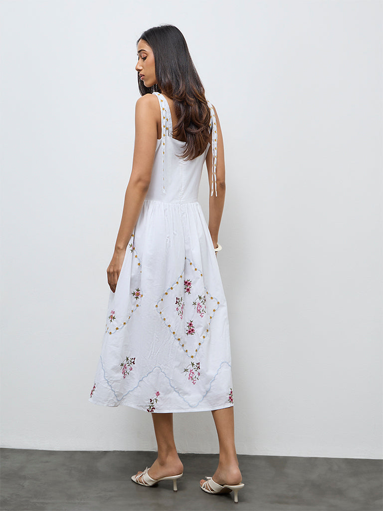 LOV White Floral Embroidered Cotton A-Line Dress