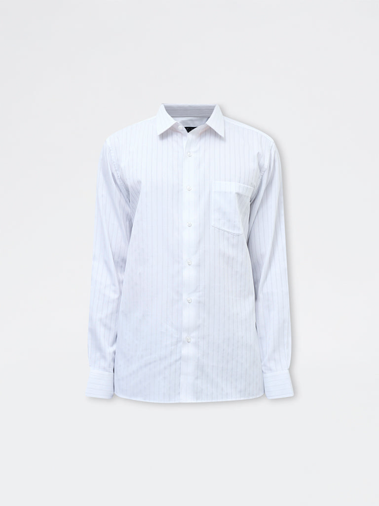WES Formals White Striped Slim-Fit Cotton Shirt