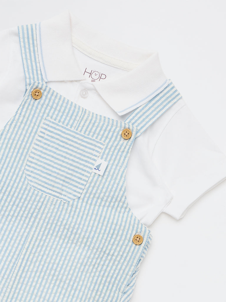 HOP Baby Boys Blue Striped Cotton Dungaree and T-Shirt Set