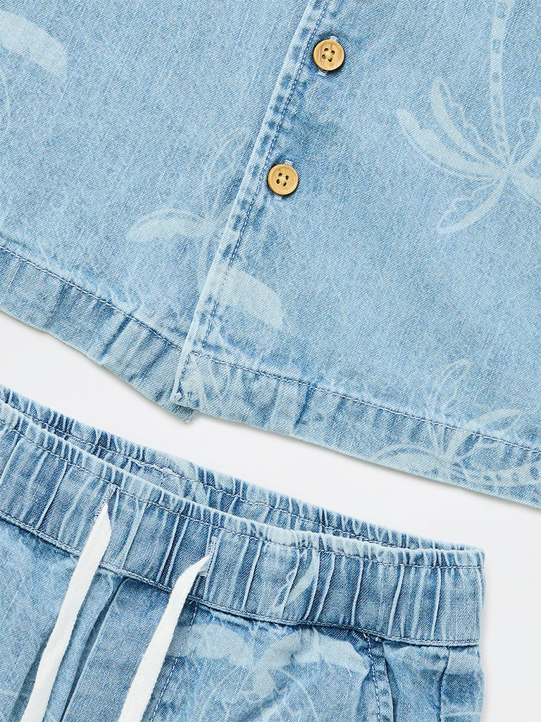 HOP Kids Boys Light Blue Printed Denim Shirt and Shorts Set