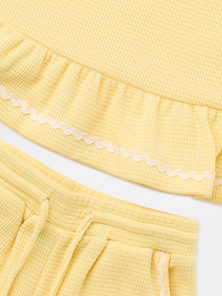 HOP Kids Girls Light Yellow Textured Top and Shorts Set