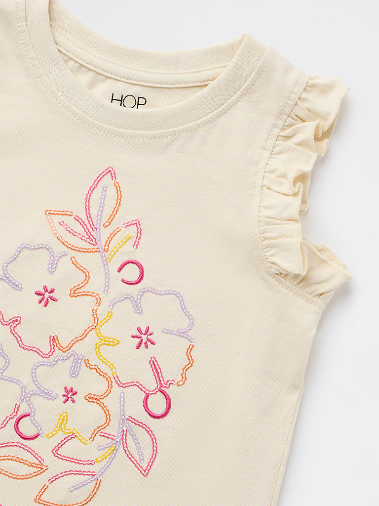 HOP Kids Girls Beige Floral Embroidered Cotton Top