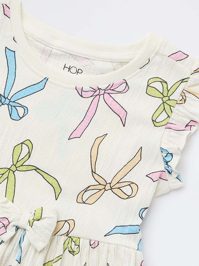 HOP Kids Girls White Bow Printed A-Line Cotton-Blend Dress