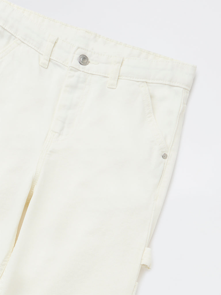 Boys Off-White Solid Mid-Rise Denim Trousers