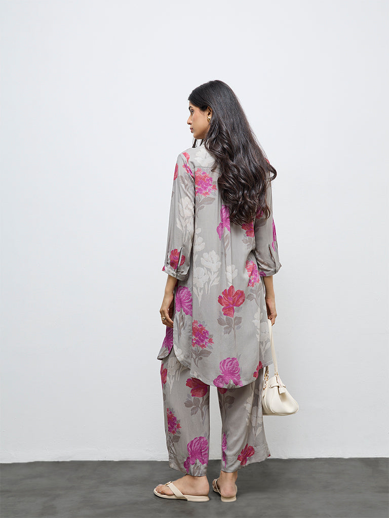 Utsa Grey Floral Pattern A-Line Kurta