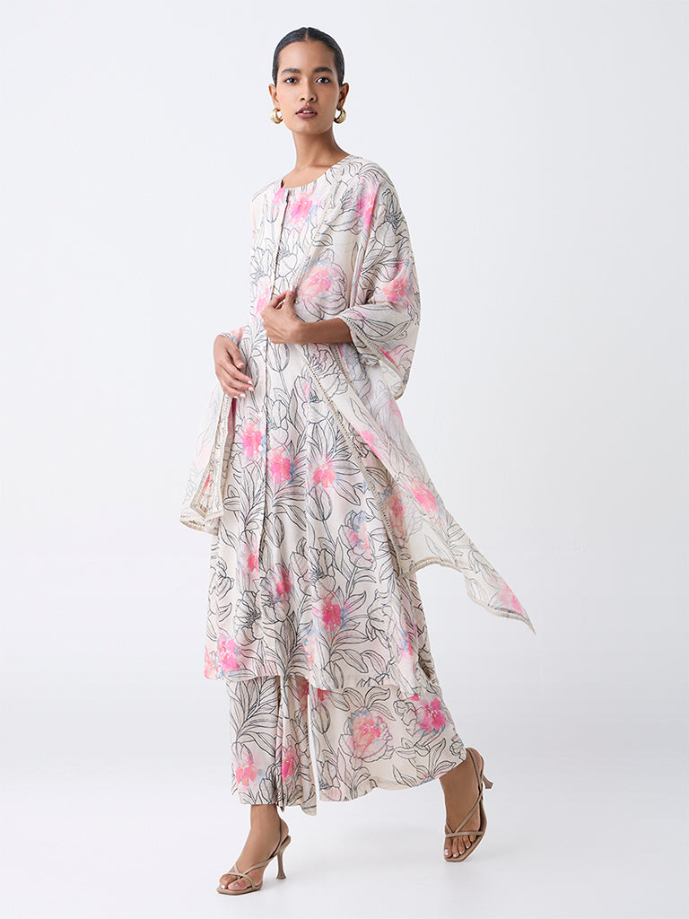 Zuba Off-White Floral Pattern Dupatta