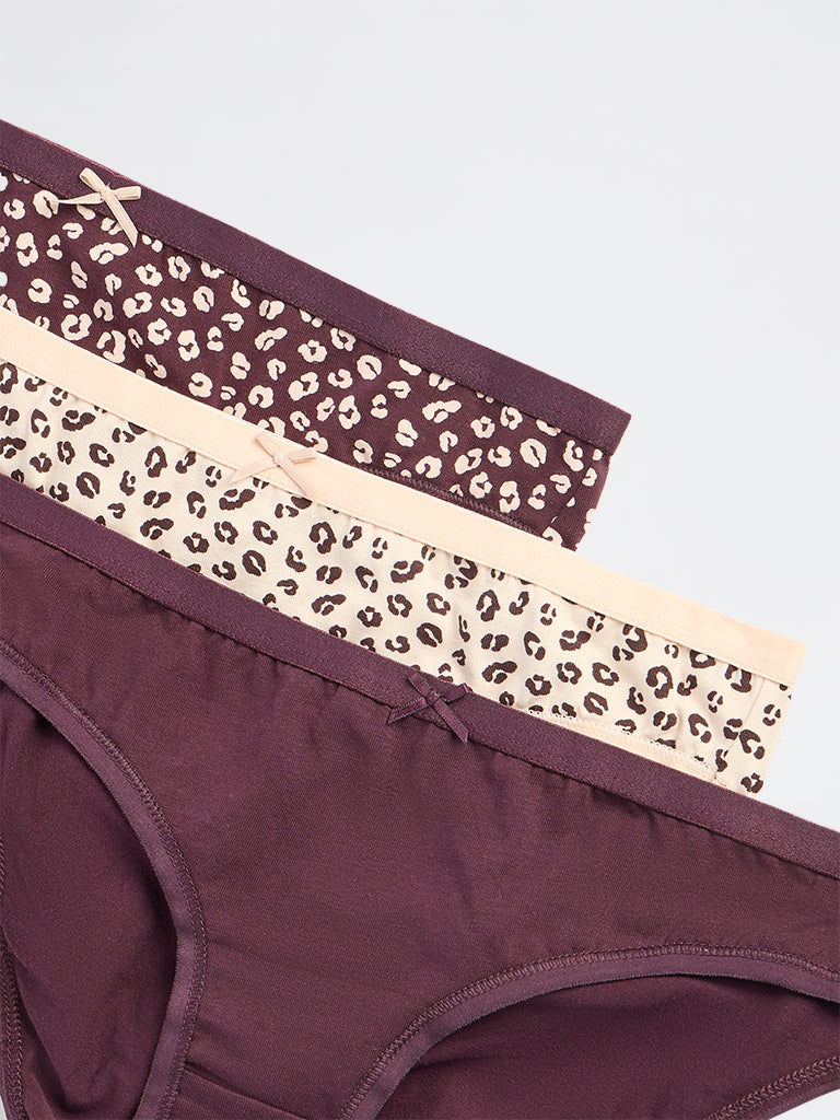 Wunderlove Dark Brown Printed Cotton-Blend Bikini Briefs - Pack of 3