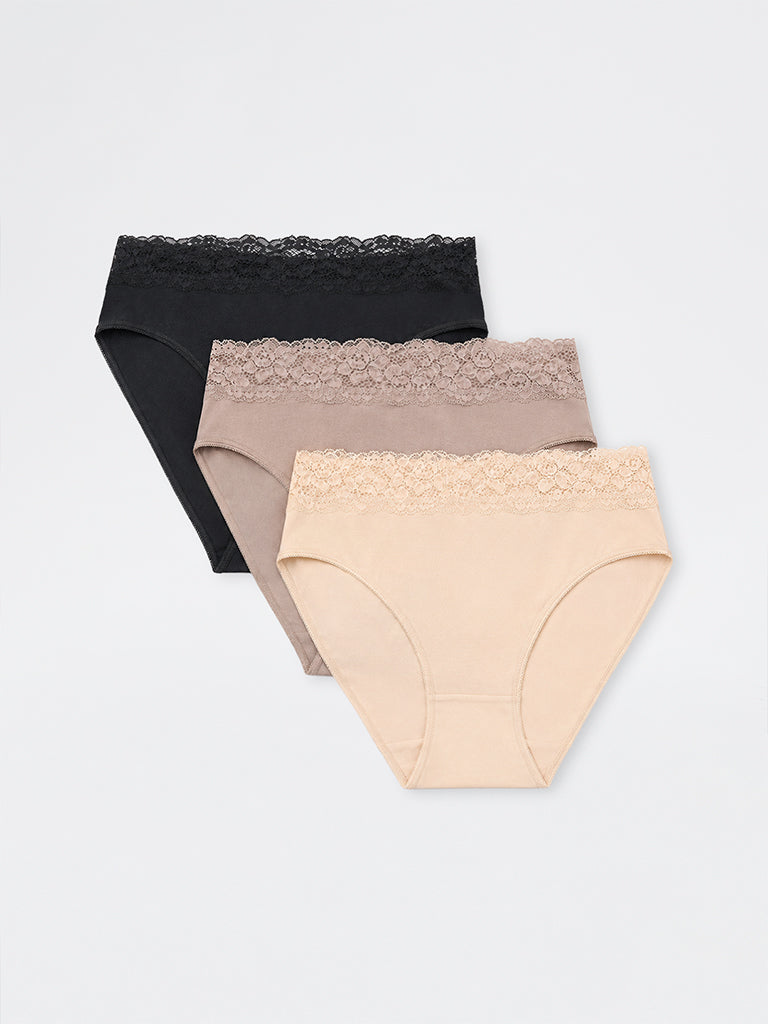 Wunderlove Black Lace-Detail Hi-Leg Cotton-Blend Briefs - Pack of 3