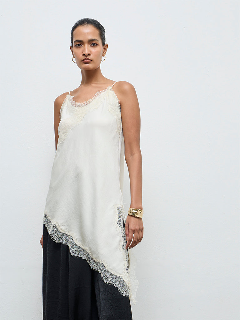 Buy Wardrobe Ivory Lace-Detailed Asymmetrical Top from Westside