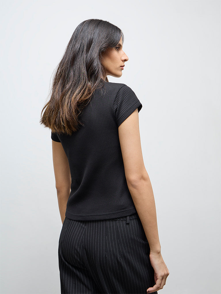 Wardrobe Black Ribbed Cotton-Blend T-Shirt