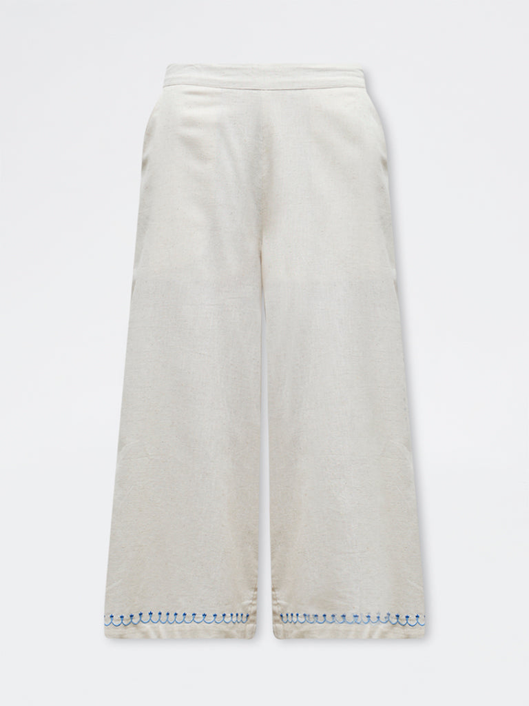 Bombay Paisley Off-White Embroidered Cotton-Blend Palazzos