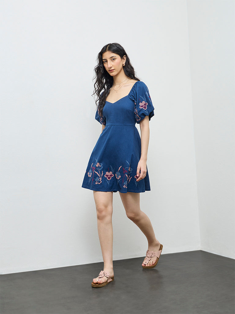 Buy Bombay Paisley Blue Floral Embroidered A-Line Cotton Dress from Westside Buy Bombay Paisley Blue Floral Embroidered A-Line Cotton Dress from Westside