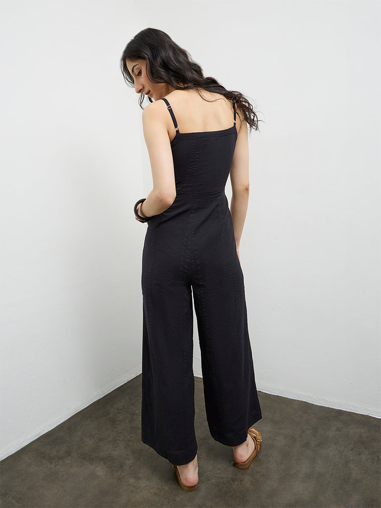 Bombay Paisley Black Floral Embroidered Cotton Jumpsuit