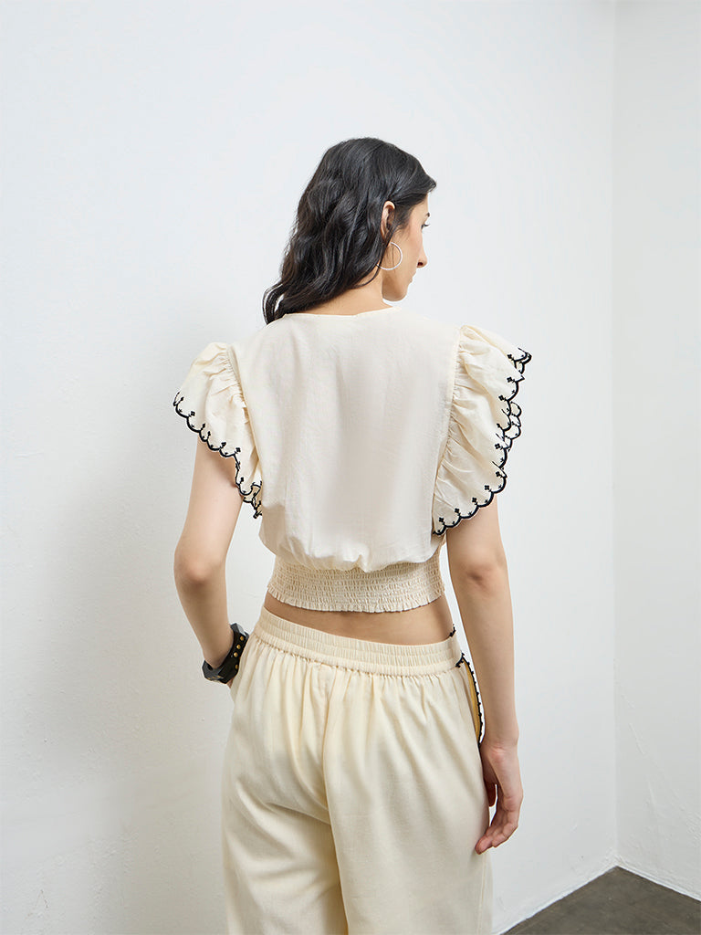 Bombay Paisley Cream Embroidered Cotton-Blend Top