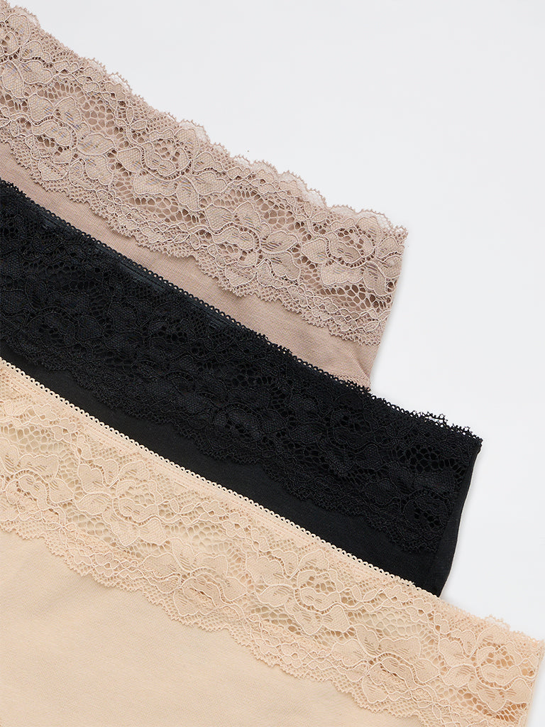 Wunderlove Light Taupe Lace Detailed Hi-Leg Cotton-Blend Briefs - Pack of 3
