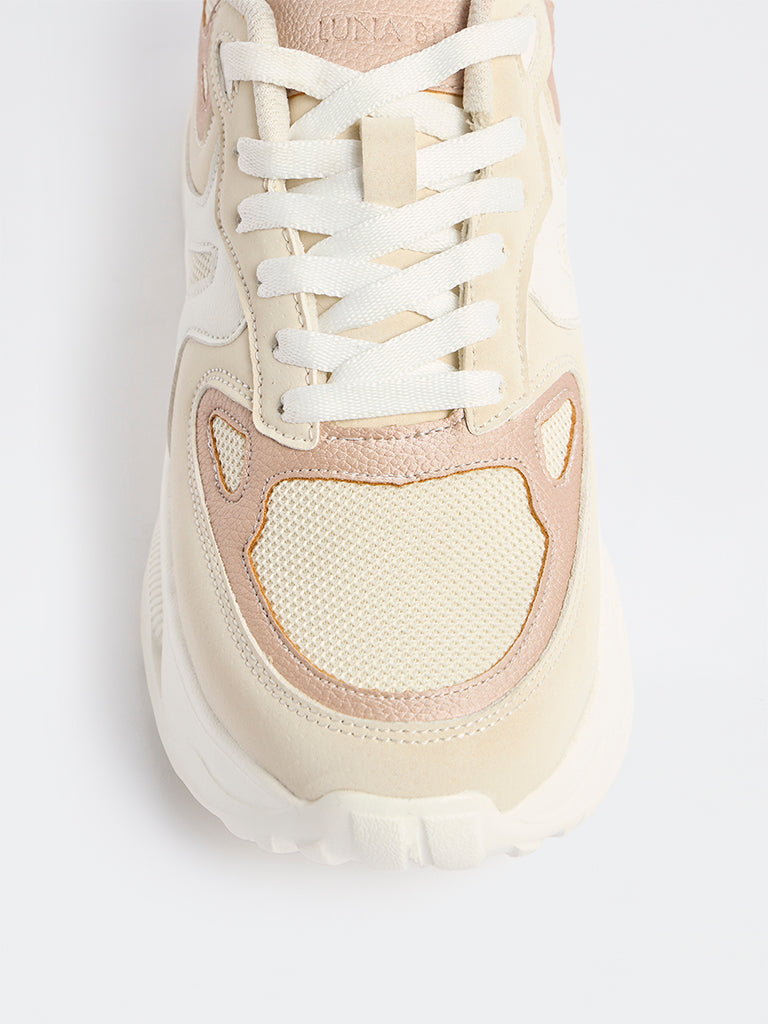 LUNA BLU Beige Mesh-Detailed Lace-Up Sneakers