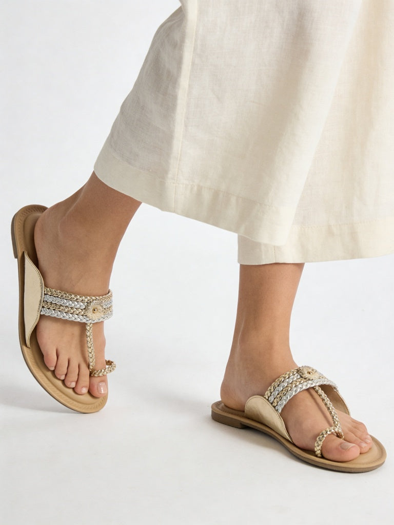 LUNA BLU Silver and Gold Braided Strap Kolhapuri Sandals