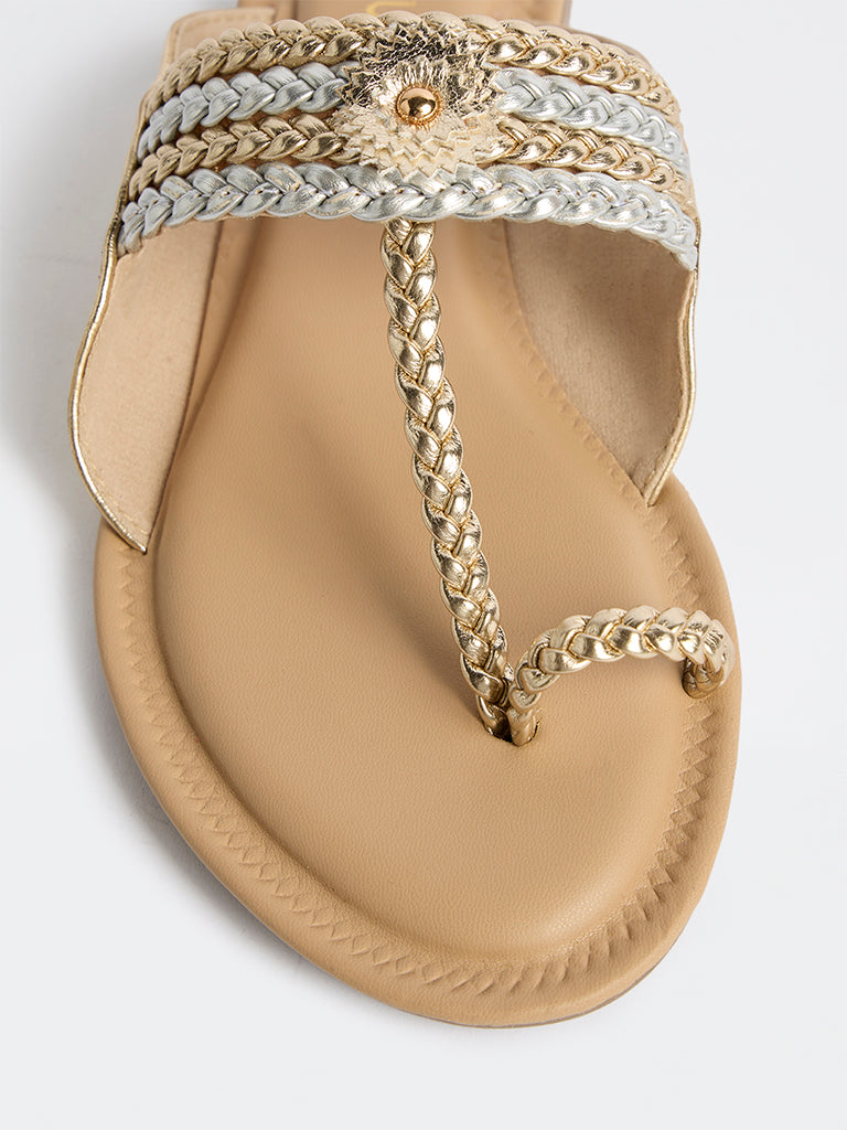 LUNA BLU Silver and Gold Braided Strap Kolhapuri Sandals